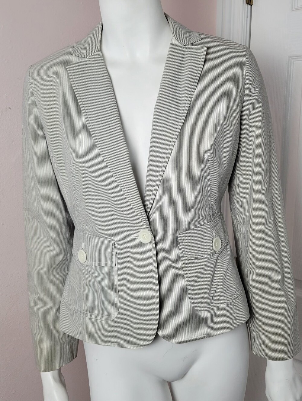 Ann Taylor LOFT Petite Striped Seersucker Blazer Jacket 4P Cotton Stretch